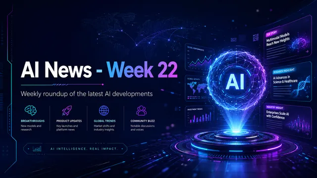 AI News Week 22 cover graphic: a glowing sphere labeled AI surrounded by enterprise dashboards, subtitled 'weekly roundup of the latest AI developments.'