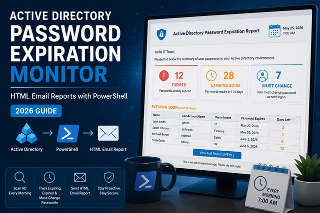 Active Directory password expiration HTML email report generated with PowerShell, showing counts of expired, expiring-soon, and must-change passwords.