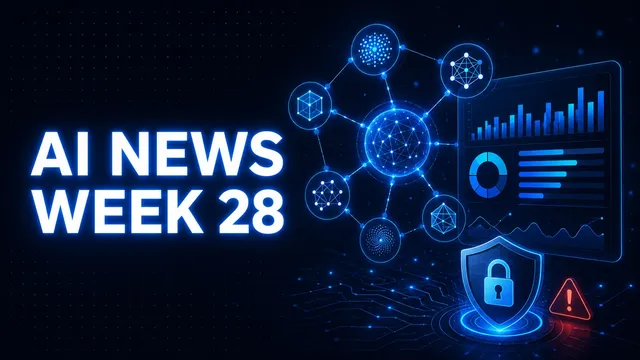 AI News Week 28 cover graphic: a blue node network linking cluster icons to an analytics dashboard with bar and donut charts, above a padlocked security shield and a red warning triangle on a circuit-board background.
