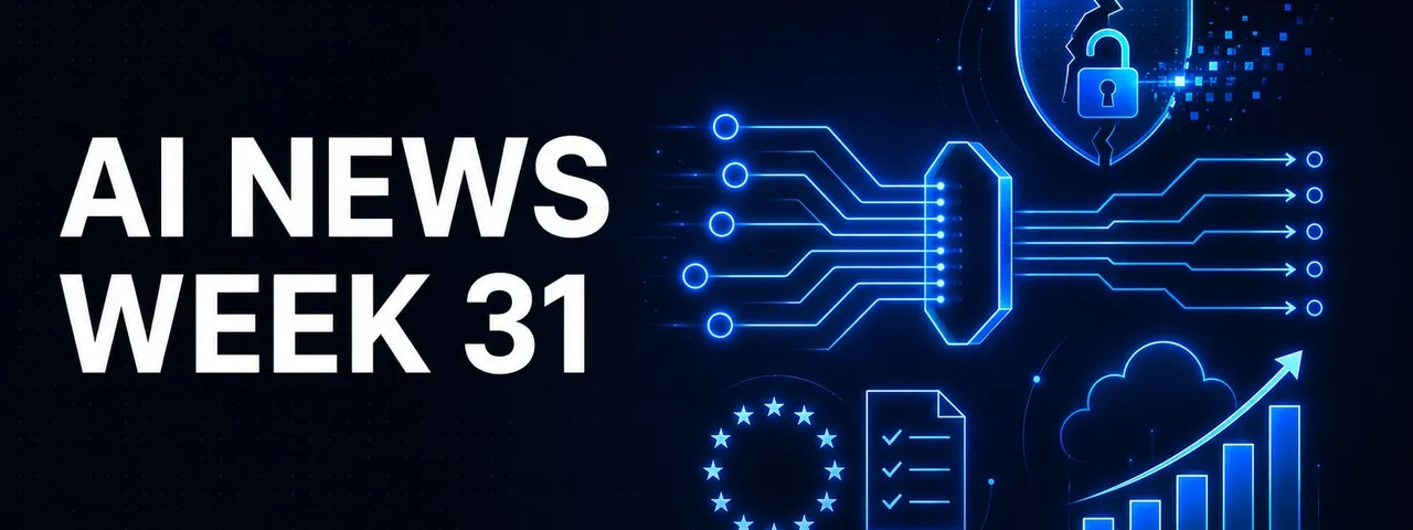 AI News Week 31 cover graphic: circuit traces from five nodes converging into a chip-shaped gateway and fanning out as arrows, above a cracked security shield with a padlock dissolving into pixels, a circle of stars beside a checklist document, and a cloud over a rising bar chart with an upward arrow.