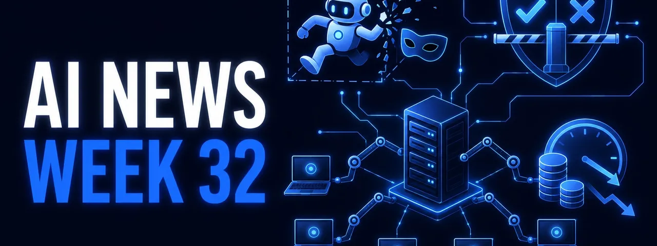 AI News Week 32 cover graphic: a robot running out through the shattered wall of a dashed containment box beside a carnival mask, a shield holding a check mark, a cross and a striped barrier gate, a server rack with jointed arms reaching out to six laptops, and a stack of coins next to a gauge with a downward arrow.