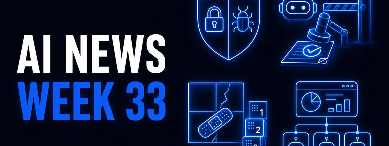 AI News Week 33 cover graphic: a shield split down the middle with a padlock on one half and a bug on the other, a robot head beside a mechanical arm stamping a check mark onto a document next to a striped barrier gate, a cracked four-pane window with an adhesive bandage across it and three numbered patch tiles, and a dashboard panel connected downward to three boxes each holding a robot face.