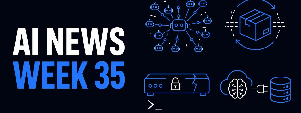 AI News Week 35 cover graphic: a central robot head radiating connecting lines out to twelve smaller robot heads arranged in a ring, a cardboard shipping box encircled by two curving arrows, a rack-mounted network appliance with a padlock on its front panel and a jagged crack splitting one end above a command-line prompt symbol, and a cloud containing a brain joined by a plug and socket to a database cylinder.