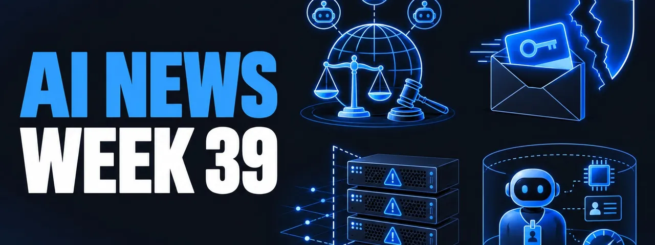 AI News Week 39 cover graphic: a wireframe globe with a set of balanced scales and a gavel in front of it and three robot-face icons linked above it on thin lines; an open envelope with a glowing key card sliding out and a shield torn into two ragged halves behind it; three stacked rack appliances standing on a network boundary plane, each with a warning triangle on its front panel; and a rounded glass container holding a robot avatar wearing an ID badge, with a memory chip, an identity card and a gauge dial connected beside it.