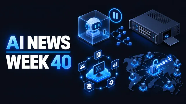 AI News Week 40 cover graphic: a translucent glass cube holding a robot head, with a dotted line escaping through a small hatch in its wall and branching out to a chain of little nodes, beside a circular pause symbol; a rack-mounted network appliance with a panel hinged open at its side and a bug icon peering out; a computer monitor sitting on a cloud, ringed by glowing dots and icon tiles for a document, a chart, an image, a gear and a database; and a dark world map covered in a mesh of server nodes linked to an open padlock at the centre, with a string of percent signs beside it.
