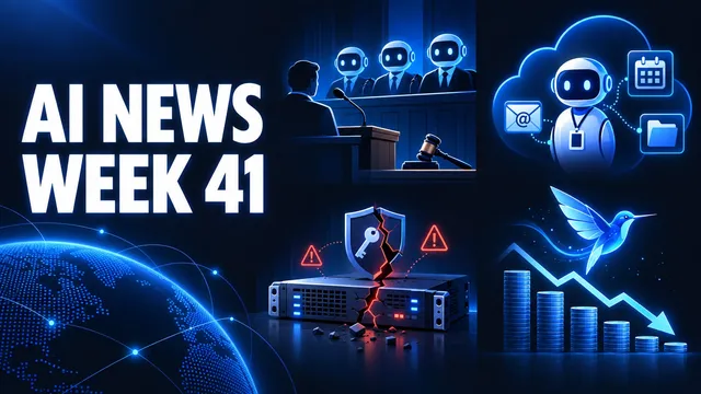 AI News Week 41 cover graphic: a man at a courtroom lectern with a microphone and a gavel, facing a row of three robot figures in suits seated behind the bench; a robot wearing a lanyard ID badge inside a glowing cloud, linked by dotted lines to icons for an @ envelope, a calendar and a folder; a rack-mounted server split by a glowing red crack running up through a shield with a key on it, with red warning triangles on either side and rubble at its base; a blue hummingbird flying above a zig-zag arrow falling over a row of shrinking coin stacks; and a dotted blue globe in the lower left corner.