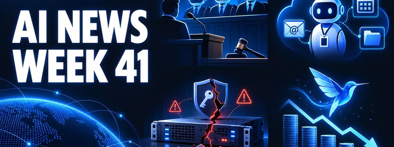 AI News Week 41 cover graphic: a man at a courtroom lectern with a microphone and a gavel, facing a row of three robot figures in suits seated behind the bench; a robot wearing a lanyard ID badge inside a glowing cloud, linked by dotted lines to icons for an @ envelope, a calendar and a folder; a rack-mounted server split by a glowing red crack running up through a shield with a key on it, with red warning triangles on either side and rubble at its base; a blue hummingbird flying above a zig-zag arrow falling over a row of shrinking coin stacks; and a dotted blue globe in the lower left corner.