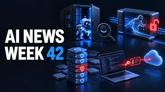 AI News Week 42 cover graphic: a small robot holding a glowing key stepping out of the open door of a server cabinet, beside a magnifying glass showing a closed eye; a network appliance with a translucent ghostly figure running inside it and a red open padlock on its side; a tall stack of shield tiles with one glowing red with an exclamation mark; and a laptop showing code, with a red line carrying a key and an ID card from its screen to a blue cloud.