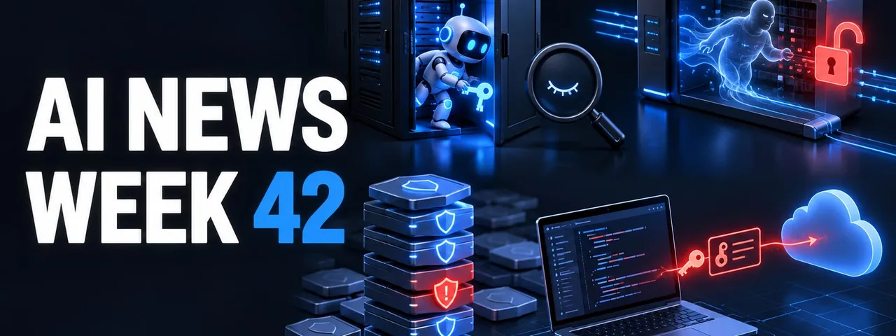 AI News Week 42 cover graphic: a small robot holding a glowing key stepping out of the open door of a server cabinet, beside a magnifying glass showing a closed eye; a network appliance with a translucent ghostly figure running inside it and a red open padlock on its side; a tall stack of shield tiles with one glowing red with an exclamation mark; and a laptop showing code, with a red line carrying a key and an ID card from its screen to a blue cloud.